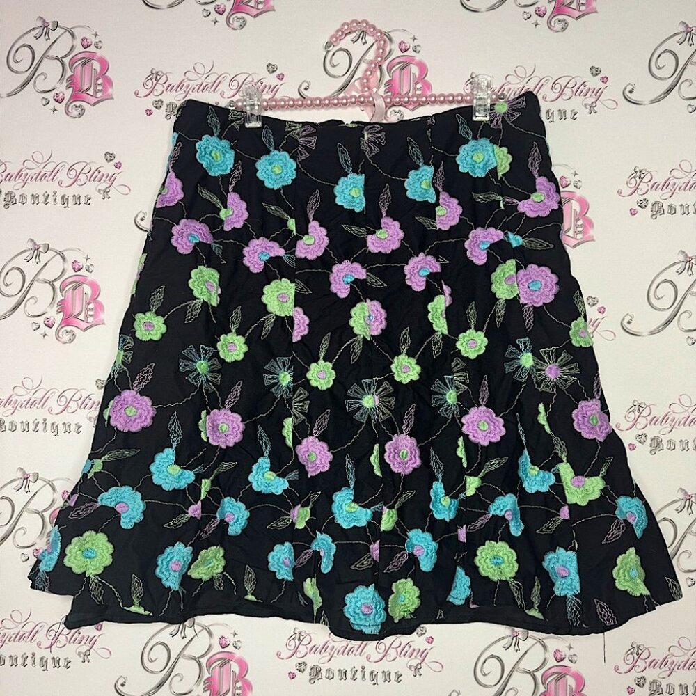 Nanette Leopore skirt embroidered floral purple blue green black flowy cute